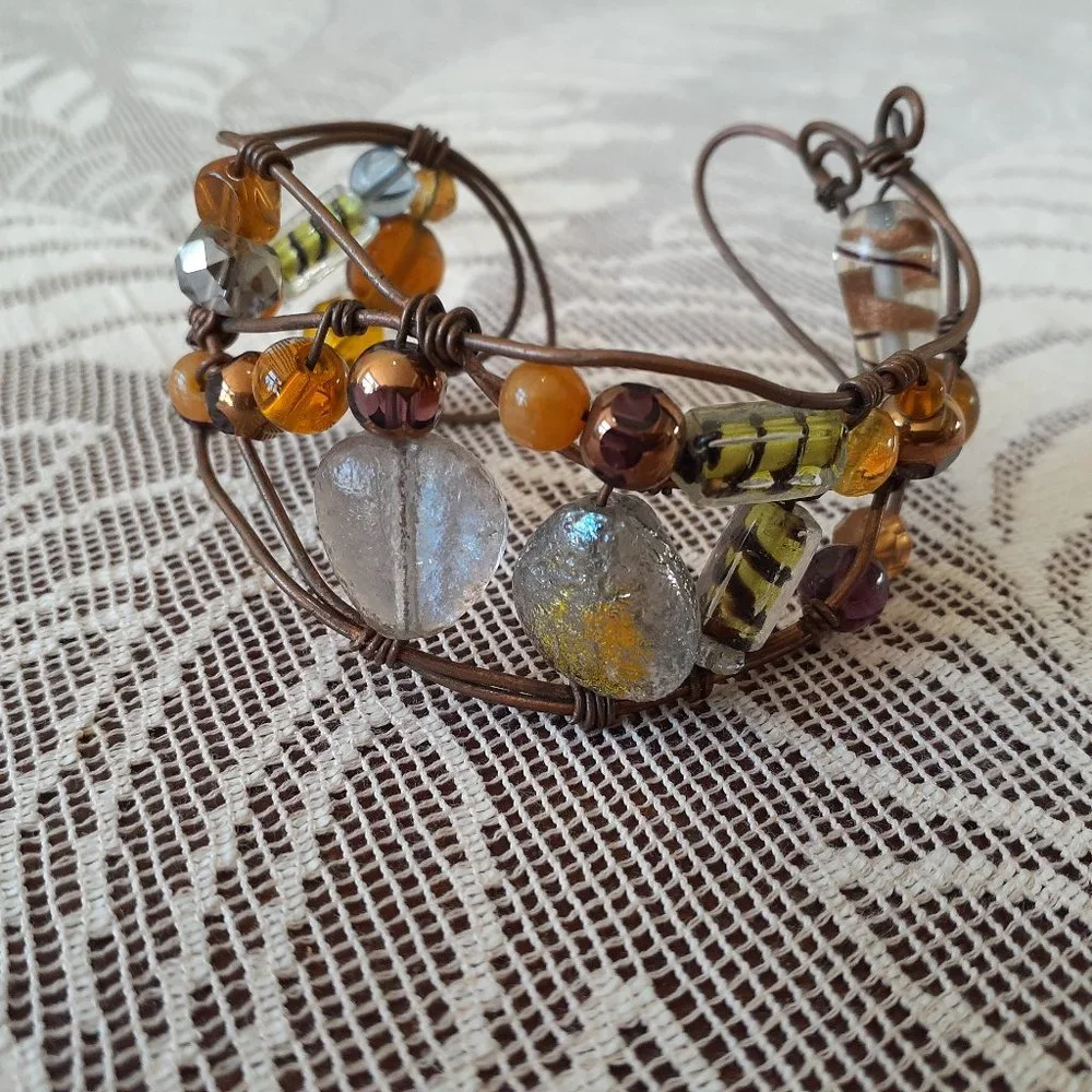 Vintage Artisan Wire Art Glass Cuff Bracelet